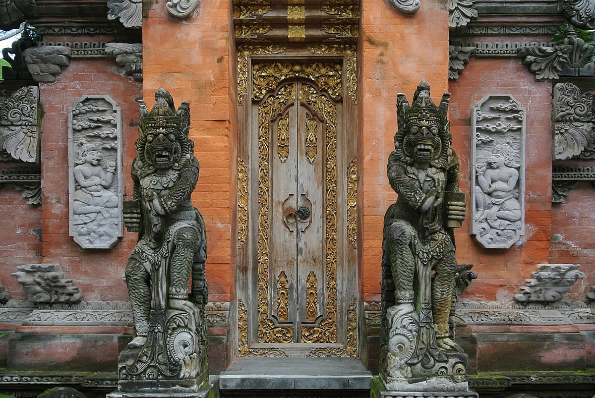 Yoga Bali, Indonesia, old temple door with sculptures